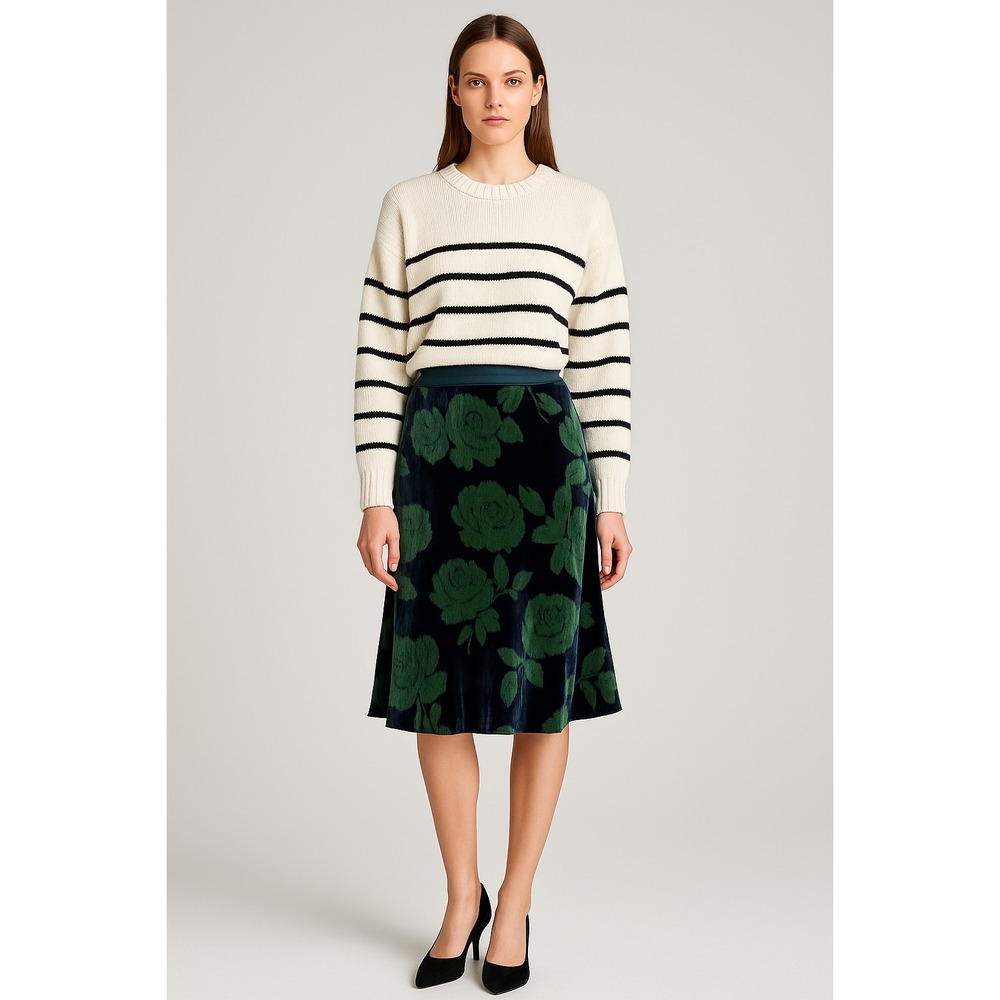 Tri Sharp Skirt 6-8 Korean Design Velvet Floral Burnout‎ Midi A-Line Blue Green